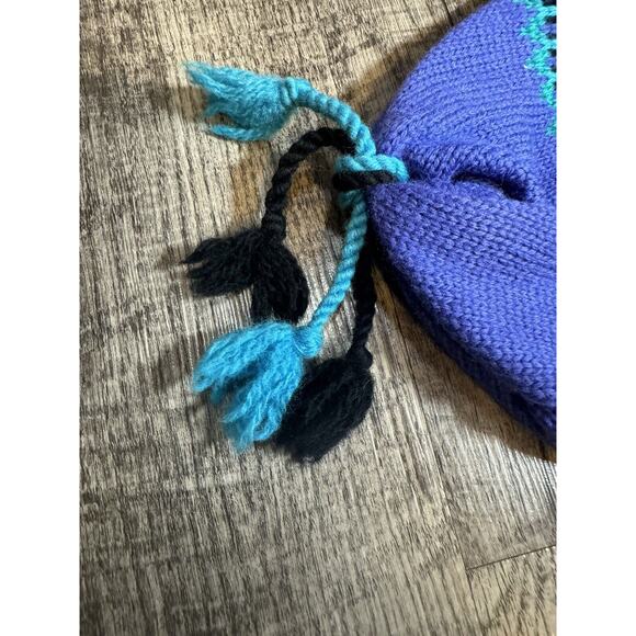 Vintage 90s LL Bean Wool Ski Snow Hat W Tassels Purple Blue Retro Snowflakes - Picture 3 of 9